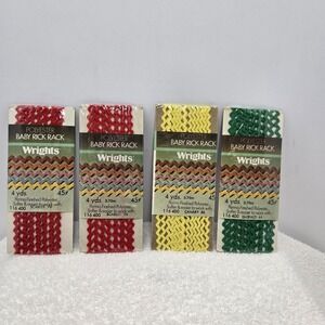 Vtg Wrights Polyester Baby Rick Rack NOS Scarlet Canary Emerald 4yds Per Pack